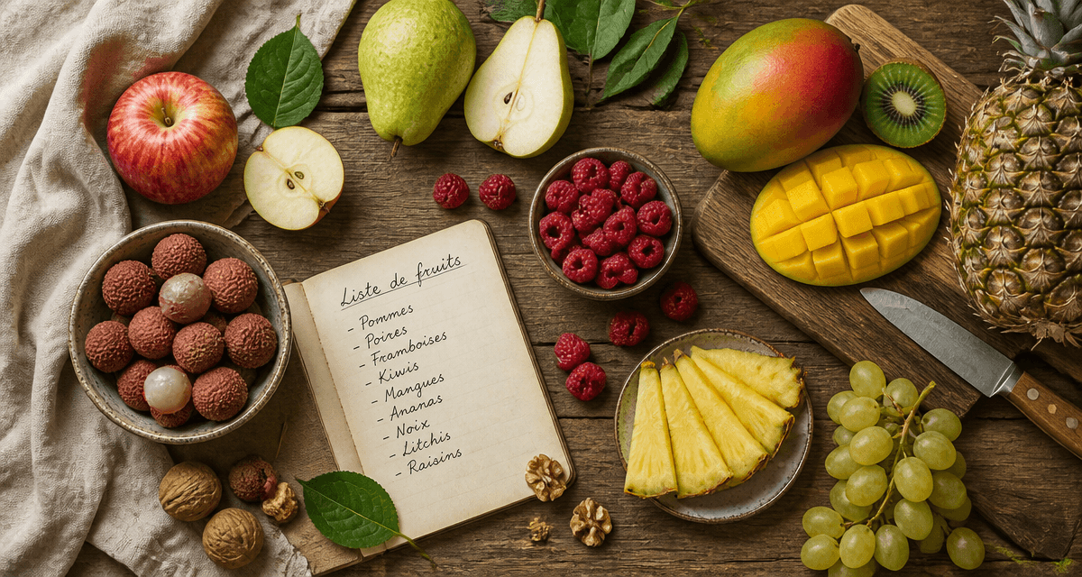 liste fruits variés sur table