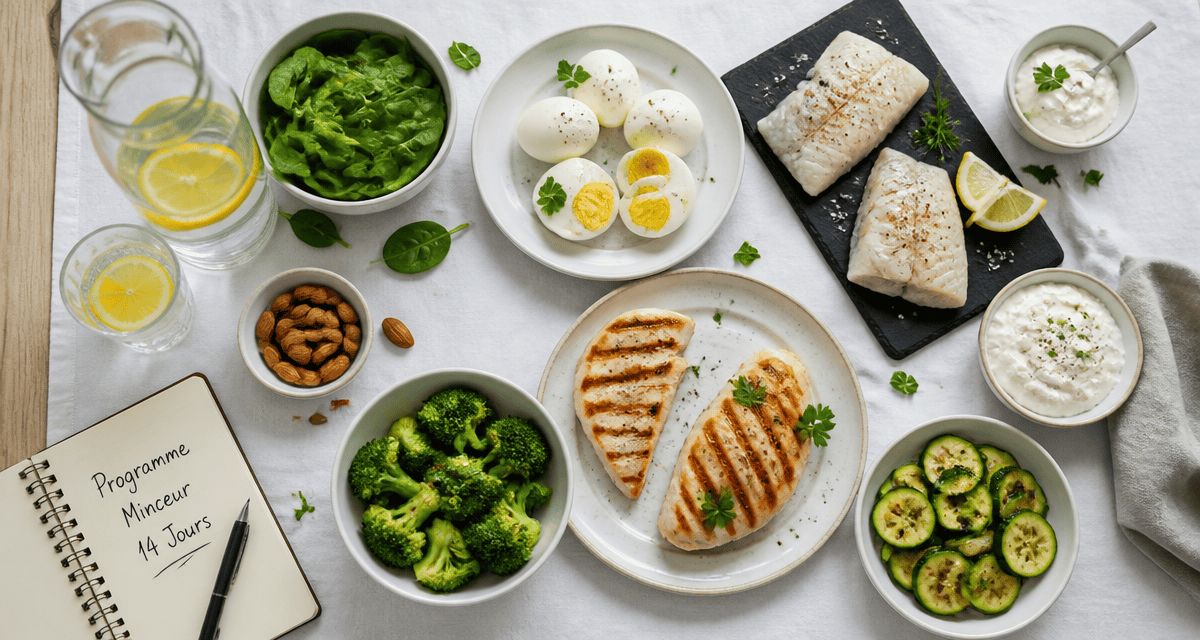 menu regime proteine 2 semaines aliments sur table