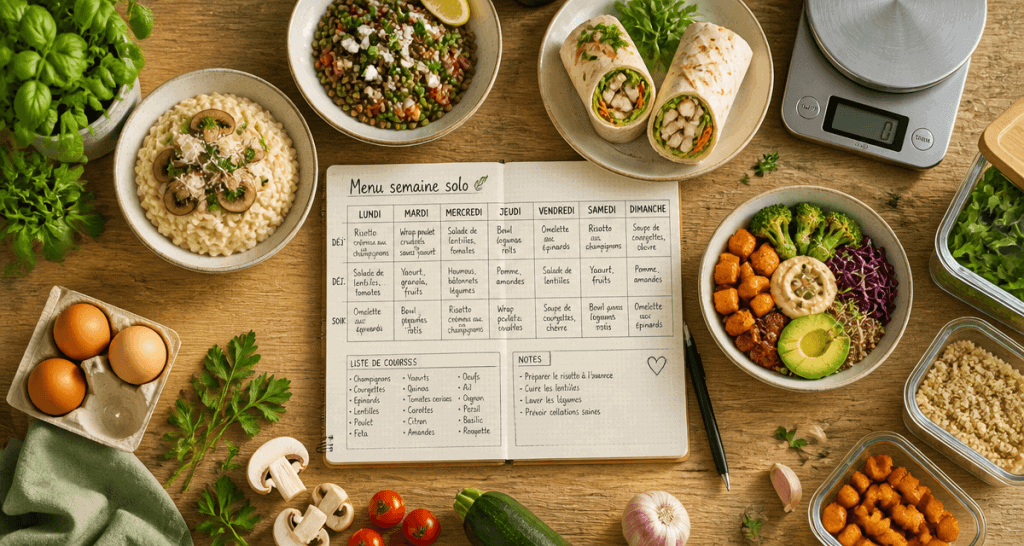 menu semaine 1 personne sur table avec plats individuels