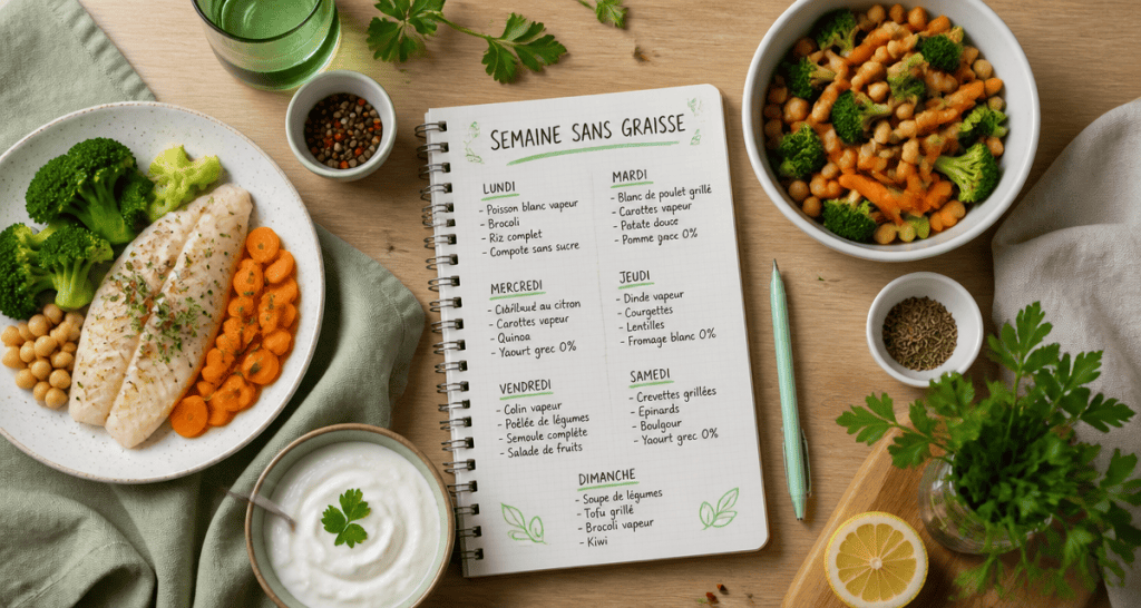 menu semaine sans graisse sur table avec plats sains