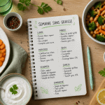 menu semaine sans graisse sur table avec plats sains