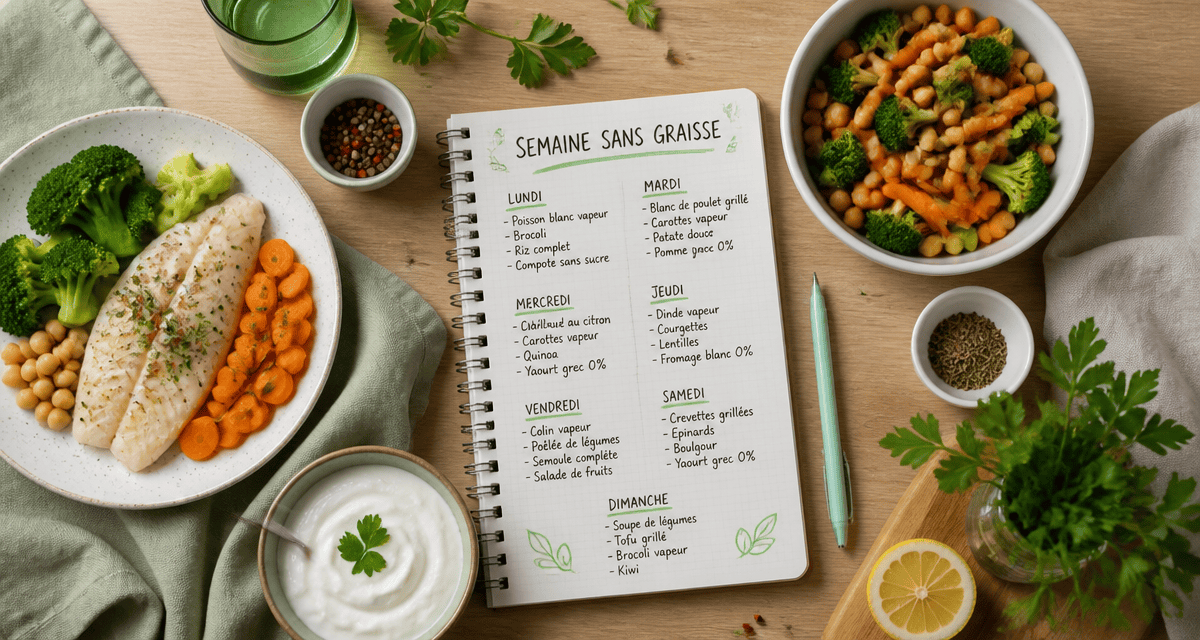 menu semaine sans graisse sur table avec plats sains