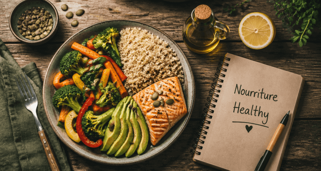 Nourriture healthy assiette équilibrée légumes quinoa saumon