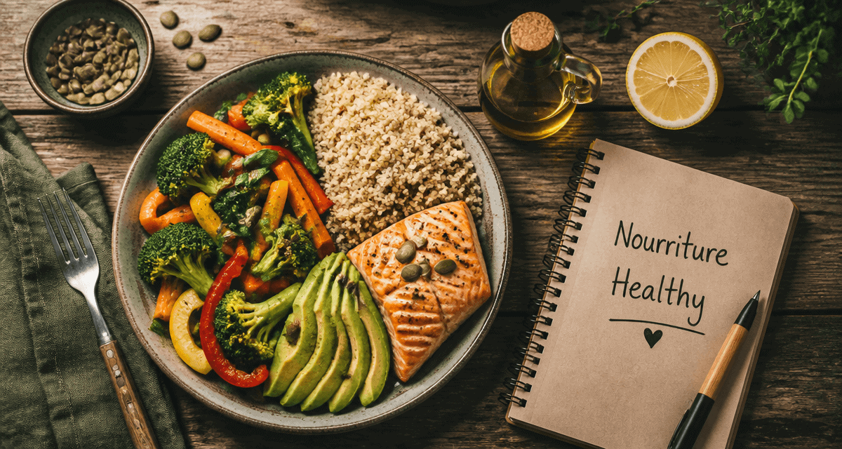 Nourriture healthy assiette équilibrée légumes quinoa saumon