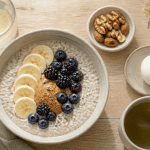Petit dej équilibré recette porridge protéiné, fruits, œuf, thé