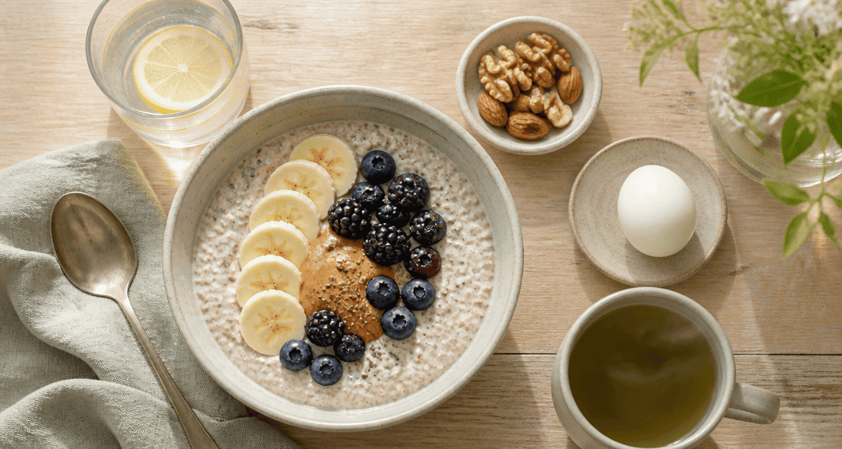 Petit dej équilibré recette porridge protéiné, fruits, œuf, thé