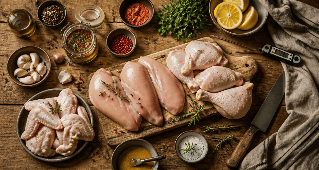 plat a base de poulet morceaux et marinades sur table rustique
