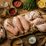 plat a base de poulet morceaux et marinades sur table rustique
