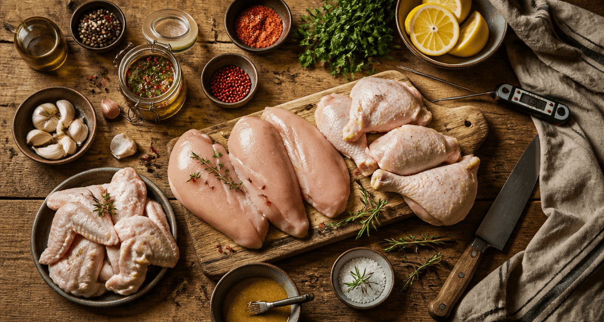 plat a base de poulet morceaux et marinades sur table rustique