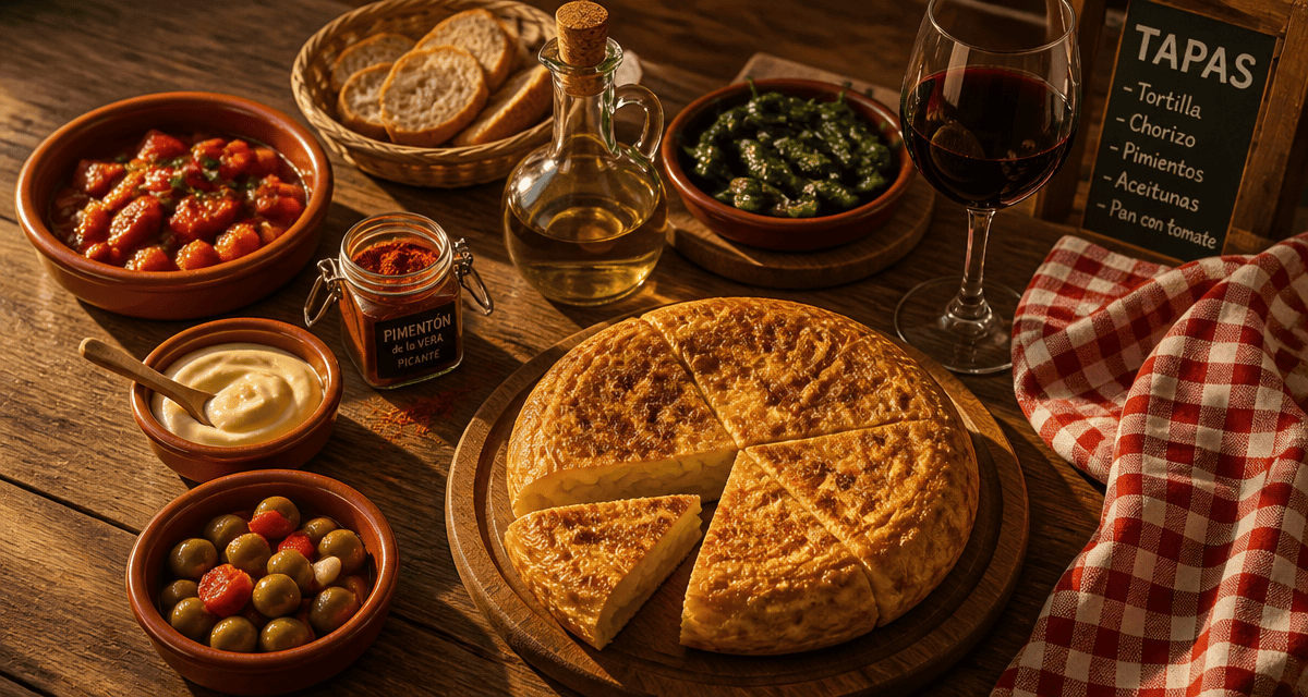 Recette des tapas espagnol, tortilla et sauces sur table