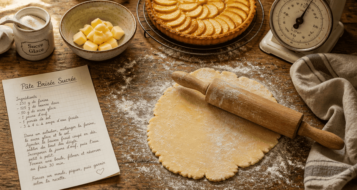 recette sucrée avec pâte brisée maison sur plan de travail