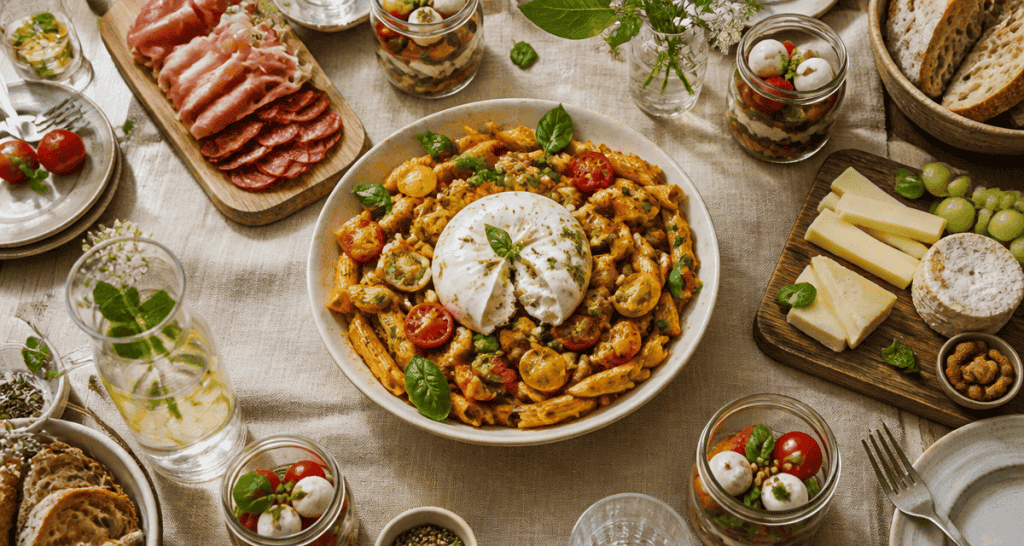 repas froid entre amis table salade penne