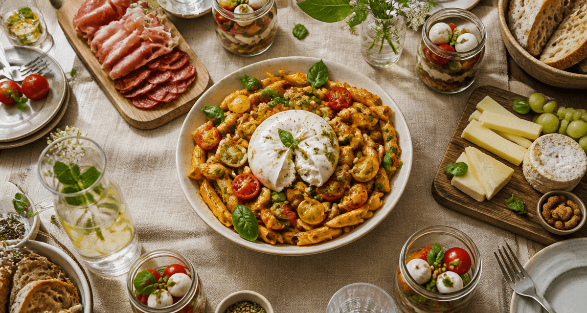 repas froid entre amis table salade penne