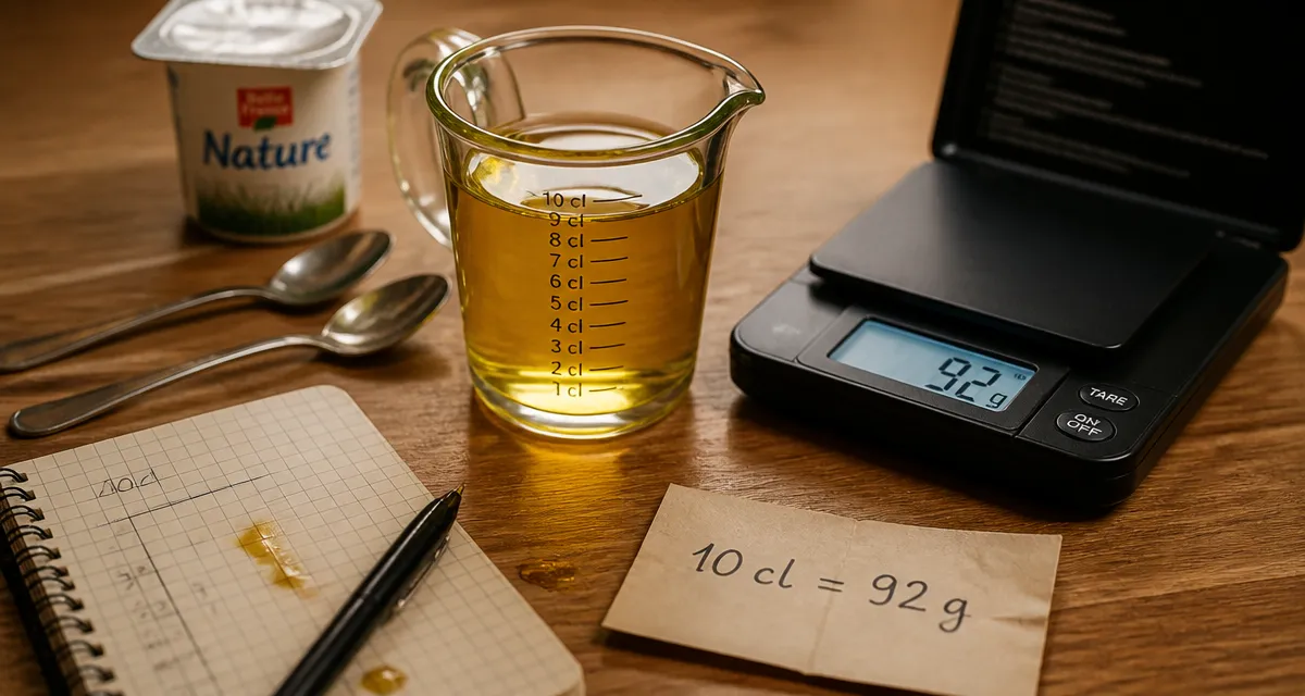 10cl d huile en gramme : 92 g sur balance