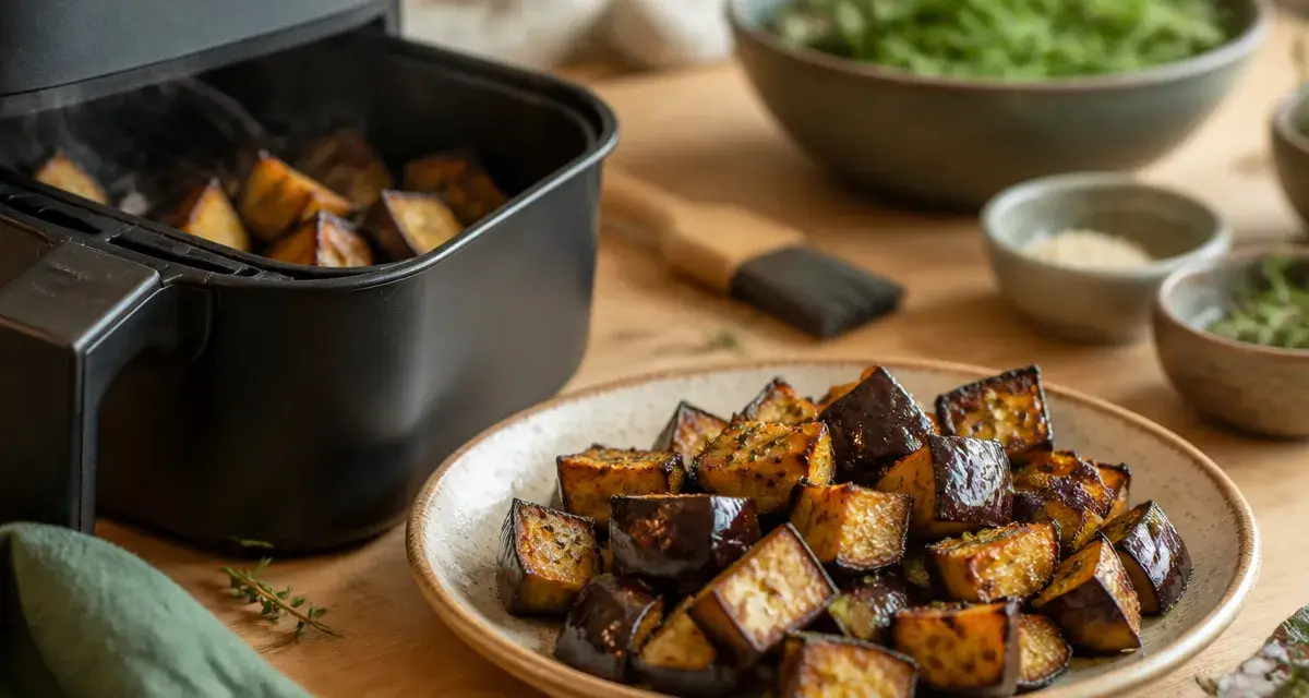 Aubergine air fryer fondante, cubes dorés