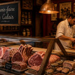 Boucher Calais préparant viande en boutique