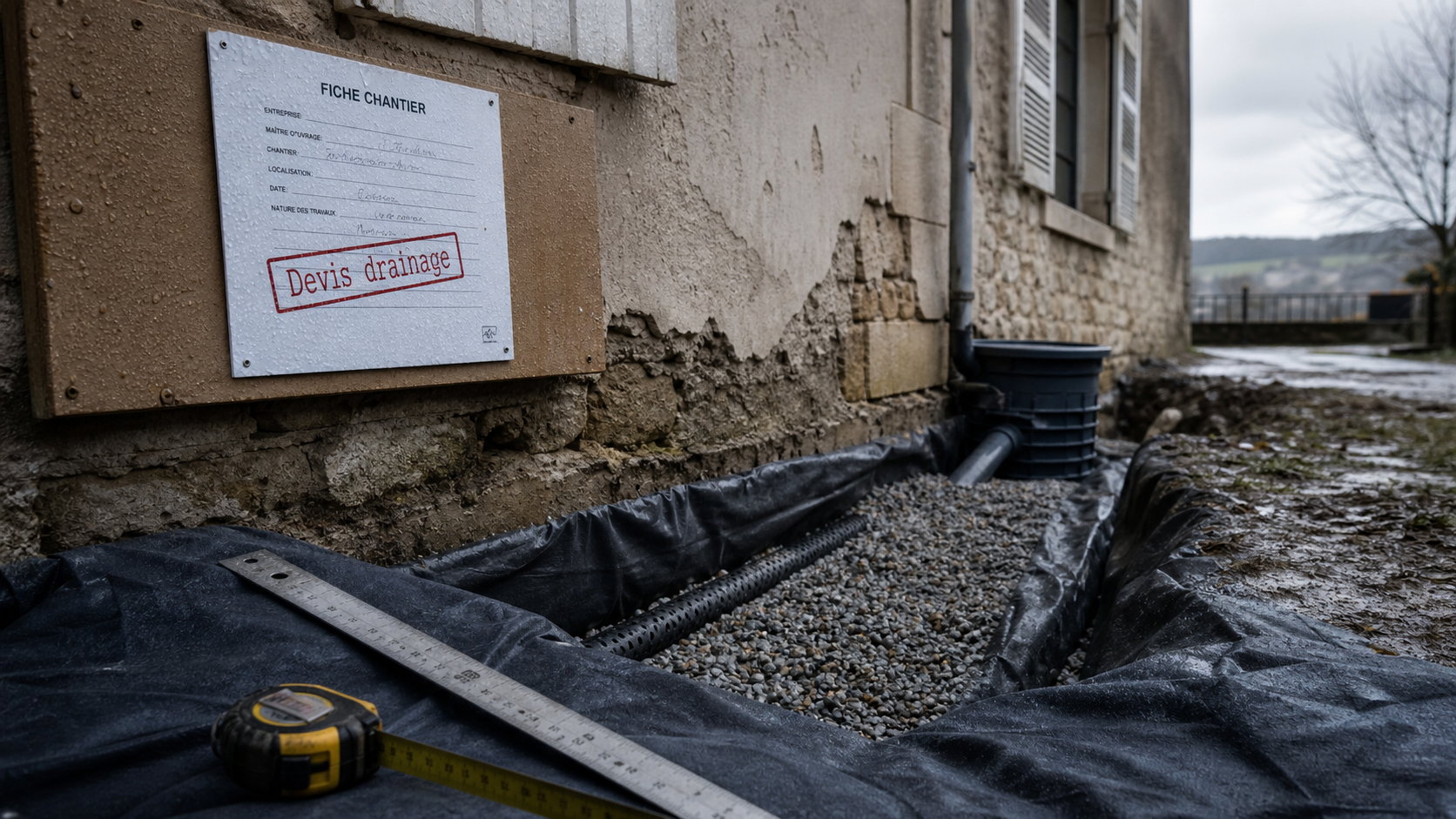 Drainage maison ancienne prix : tranchée, drain et gravier près de la maison