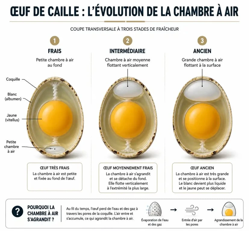 Infographie expliquant le test de flottaison des œufs de caille selon la taille de la chambre à air