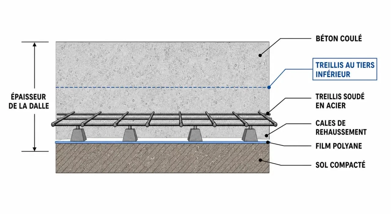 Schéma de coupe d'une dalle béton avec ferraillage et enrobage
