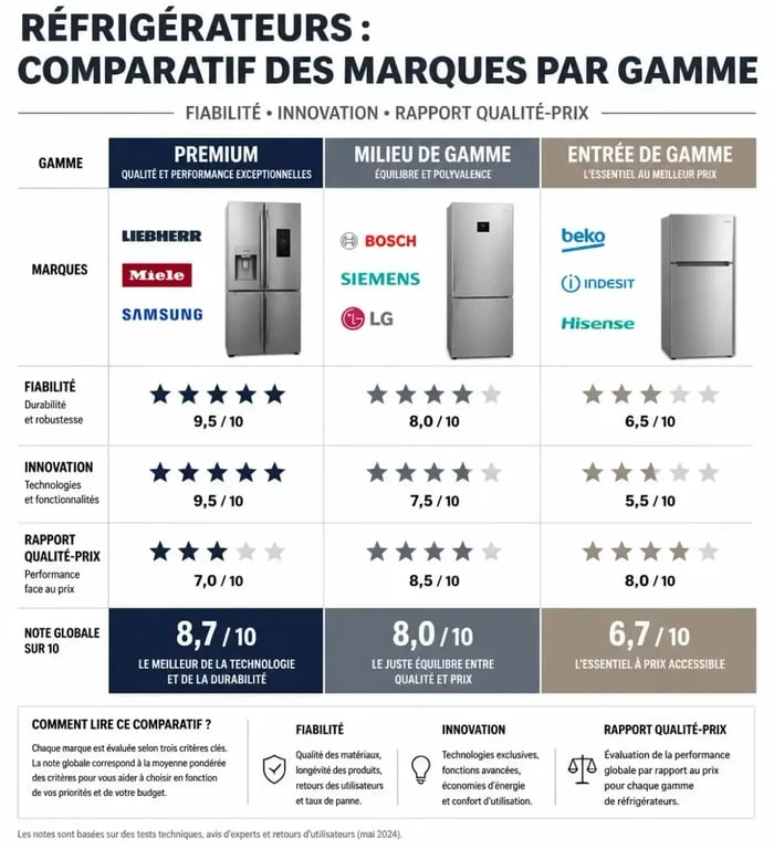 Infographie comparative des meilleures marques de réfrigérateurs par gamme de prix et fiabilité