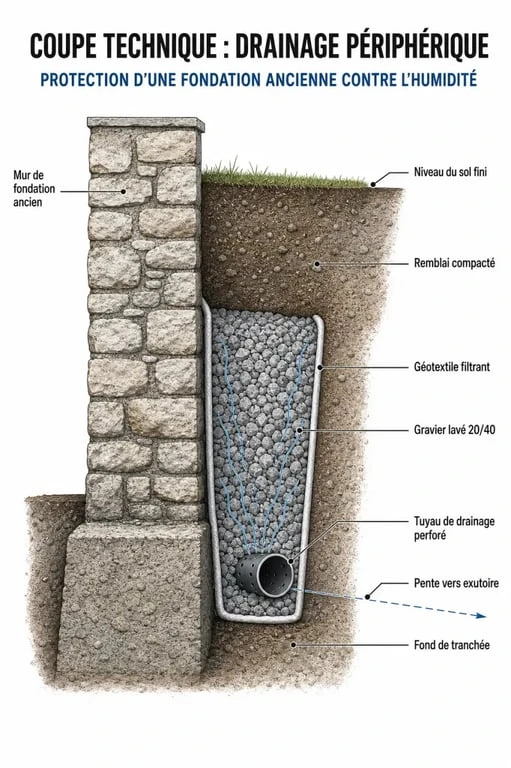 Schéma technique d'un système de drainage pour maison ancienne avec les différentes couches de matériaux