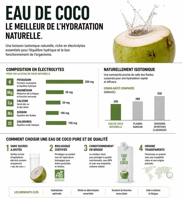 Infographie sur les bienfaits et critères de sélection de l'eau de coco pour une hydratation naturelle