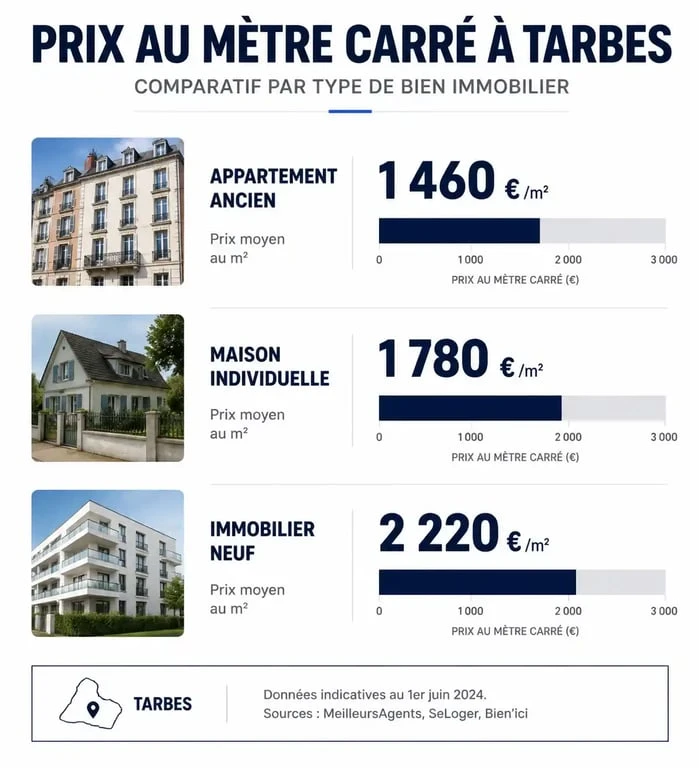 Graphique comparatif des prix au m2 à Tarbes par type de bien immobilier