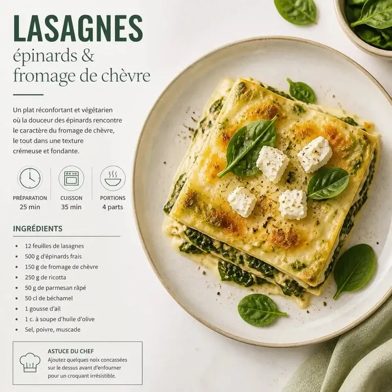 Recette lasagne epinard chevre servie dans une assiette