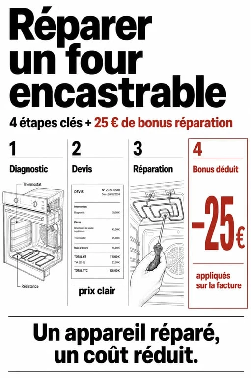 Infographie sur la réparation d'un four encastrable et le bonus réparation de 25 euros