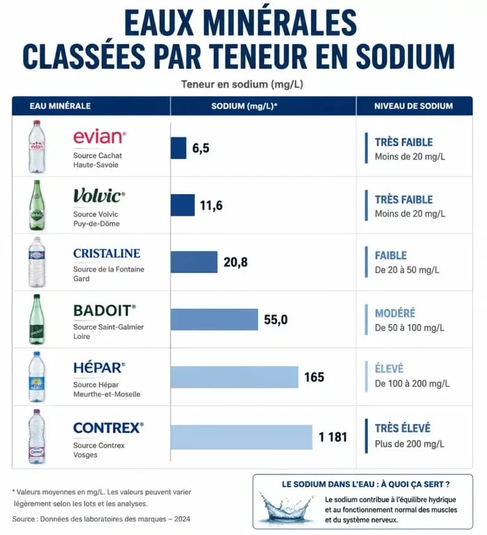 Infographie comparative de la teneur en sodium des eaux minérales pour identifier l'eau la moins salée