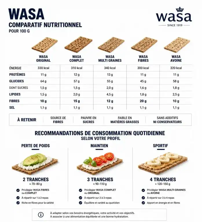Infographie sur la consommation quotidienne de Wasa et les apports nutritionnels par type de galette