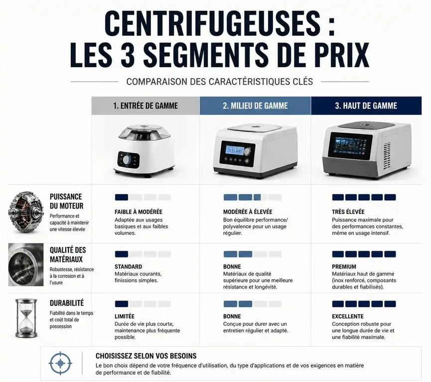 Infographie comparative des prix des centrifugeuses selon la gamme et les fonctionnalités
