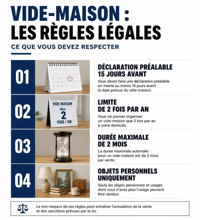 Infographie des règles légales pour organiser un vide-maison 85 en Vendée