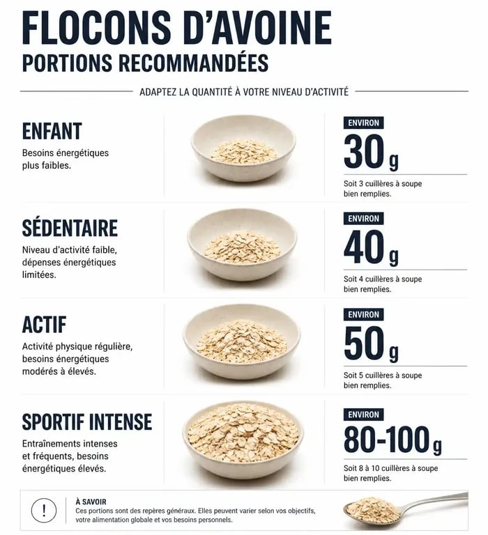 Infographie des portions recommandées de flocons d'avoine le matin selon le profil et l'activité physique