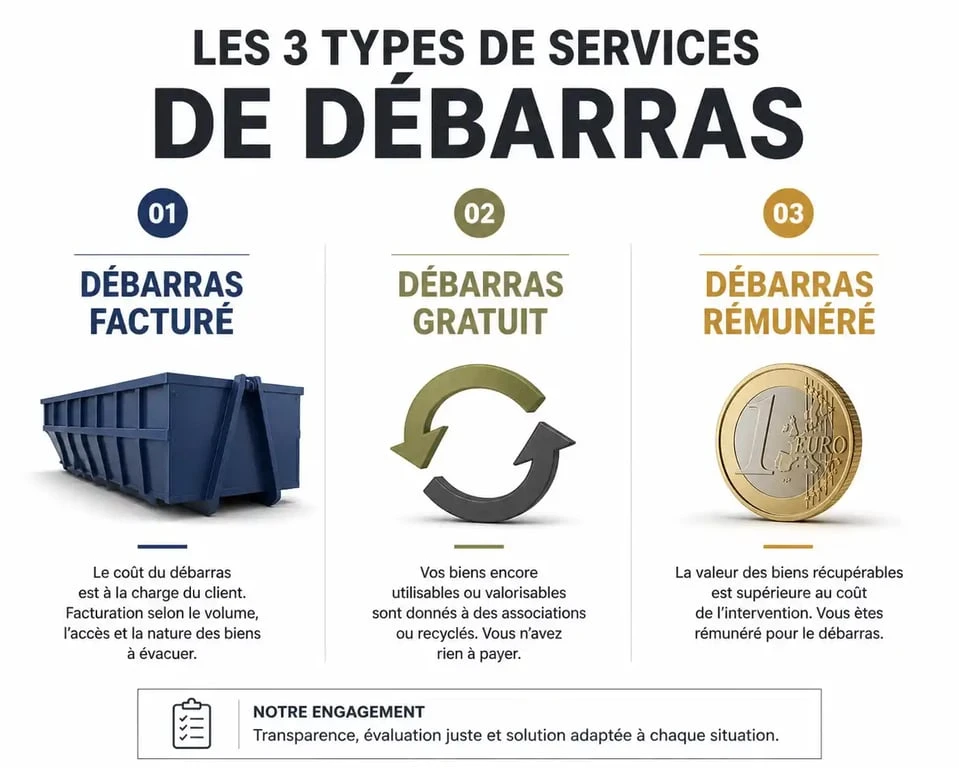 Infographie comparative des services de vide maison à Marseille : facturé, gratuit et rémunéré.