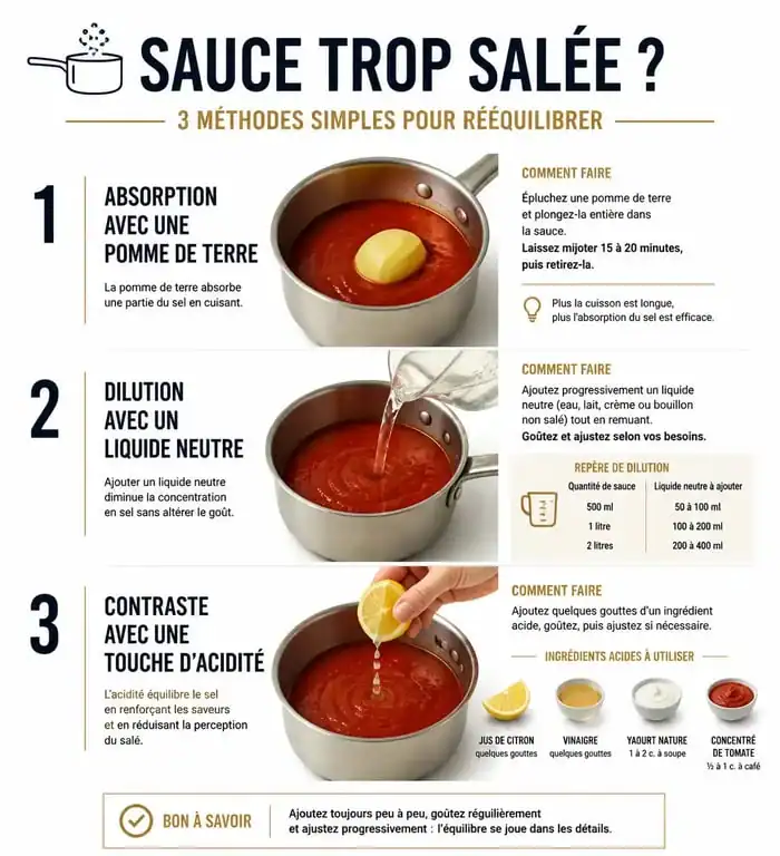 Infographie des astuces pour rattraper une sauce trop salée