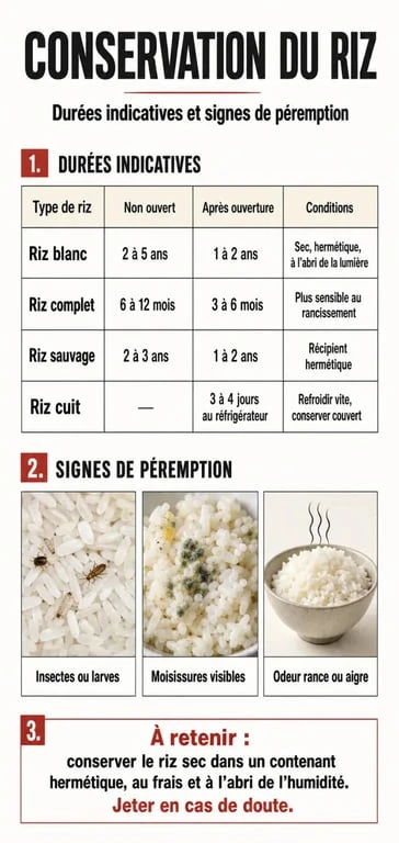 Infographie sur la durée de conservation du riz et signes de péremption pour savoir si le riz est encore consommable