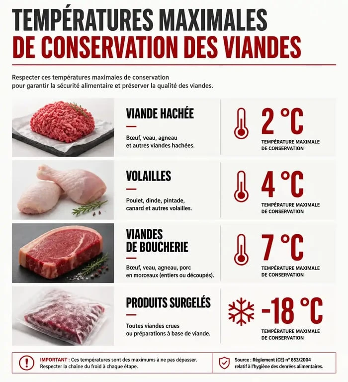 Infographie des températures réglementaires de la chaîne du froid pour la viande