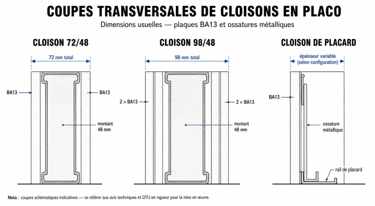 Schéma des épaisseurs de cloison en placo avec rail et plaques BA13
