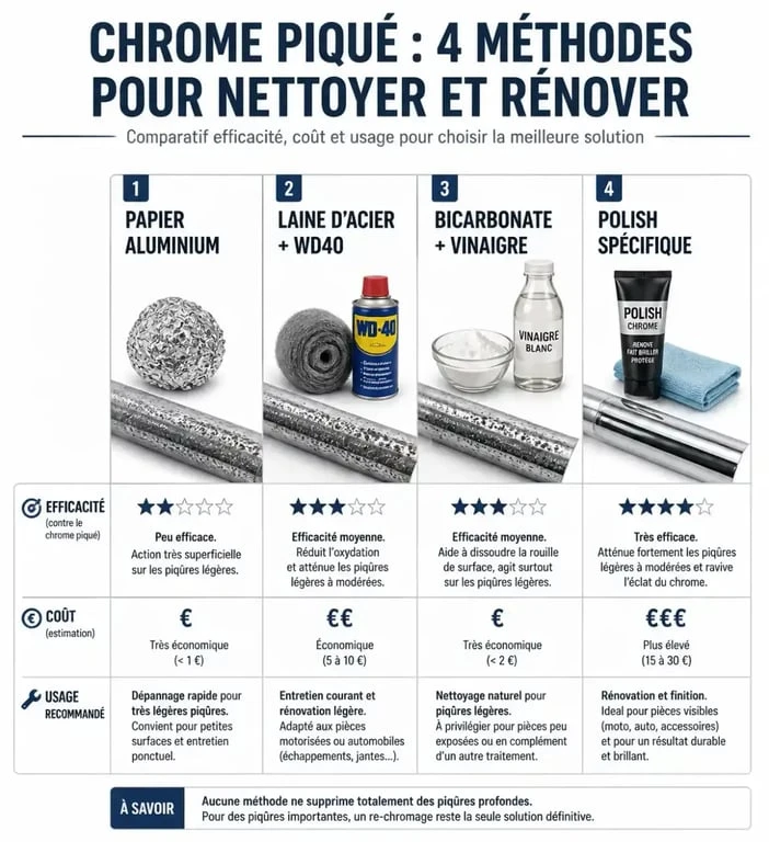 Infographie comparative des méthodes pour nettoyer du chrome piqué