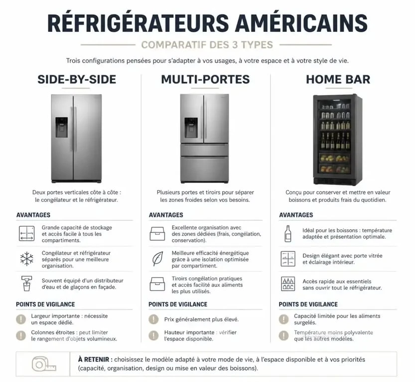 Comparatif des types de frigo américain : Side-by-Side, Multi-portes et Home Bar pour choisir son modèle au meilleur prix usine.