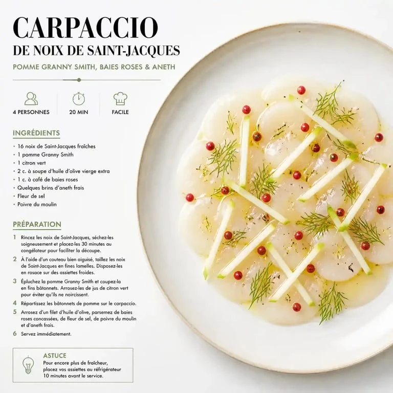 Carpaccio de Saint-Jacques et Granny Smith, une entrée légère idéale avant un aïoli