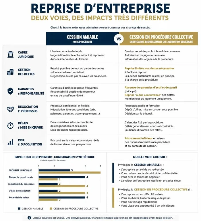 Infographie comparative : cession amiable vs cession en procédure collective pour une entreprise à vendre 1 euro