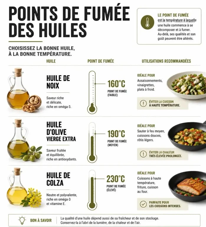 Infographie comparative des points de fumée des huiles alimentaires pour une cuisson sécurisée avec l'huile de noix