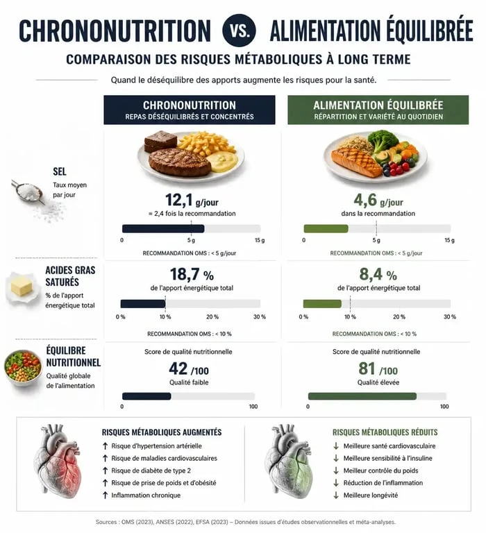 Infographie comparative des dangers de la chrononutrition et des recommandations pour une alimentation équilibrée
