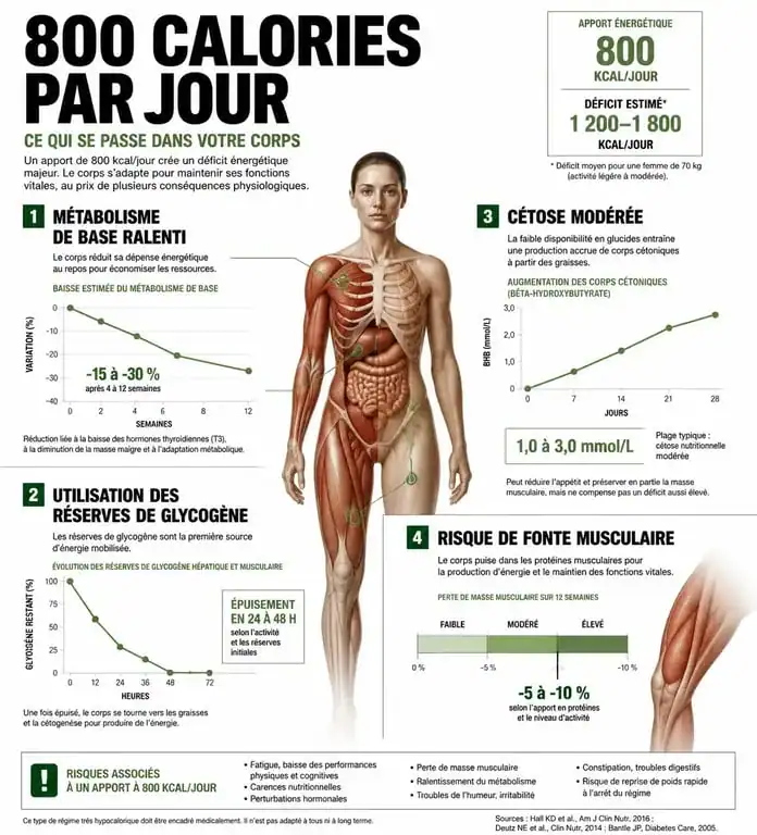 Infographie sur les mécanismes biologiques et risques du régime 800 calories par jour