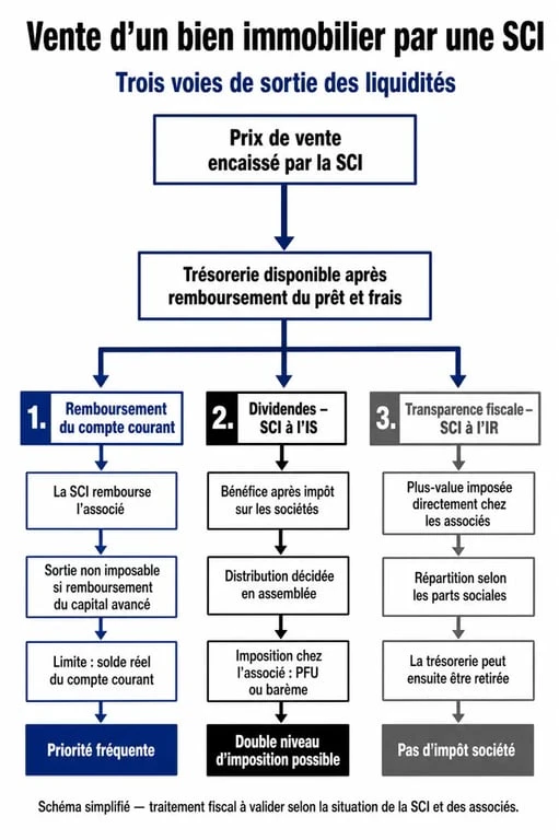 Schéma des flux financiers et options de récupération de l'argent de la vente d'un bien en SCI