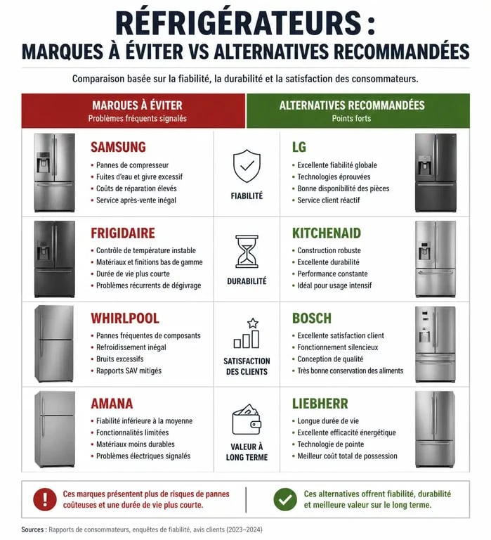 Infographie comparative des marques de réfrigérateurs à éviter et alternatives fiables pour un achat durable