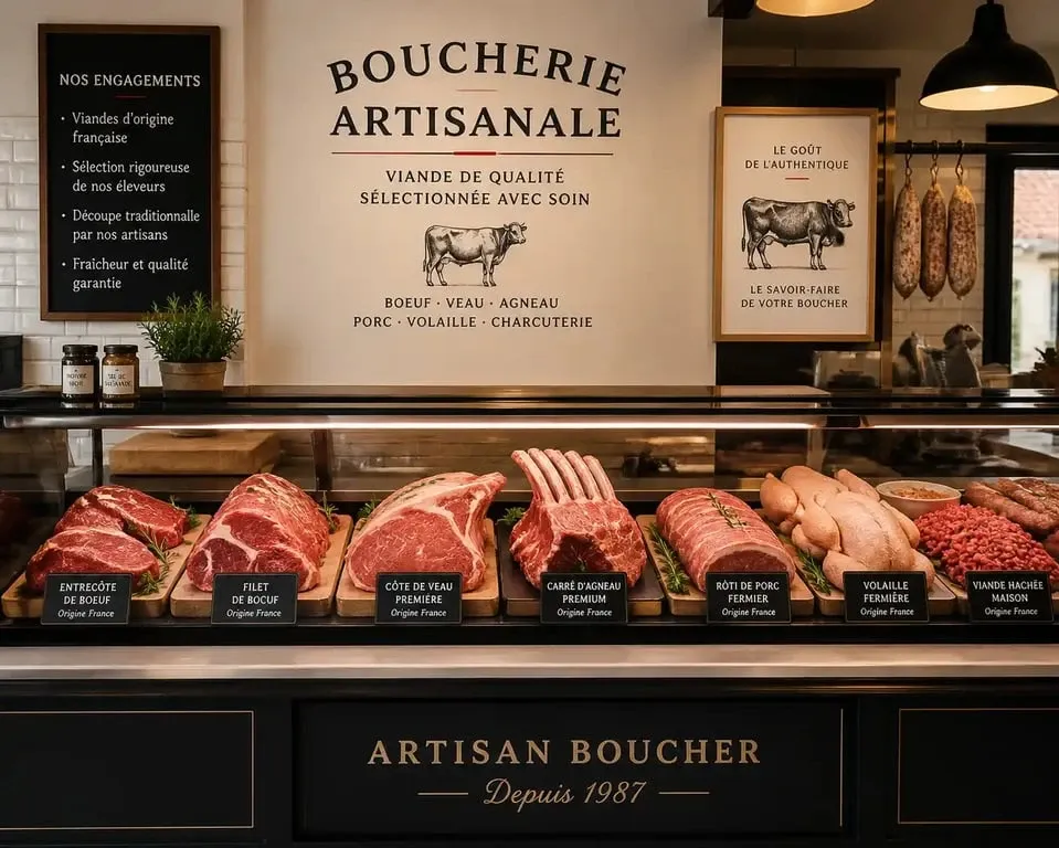 Vitrine d'une boucherie artisanale de qualité à Calais