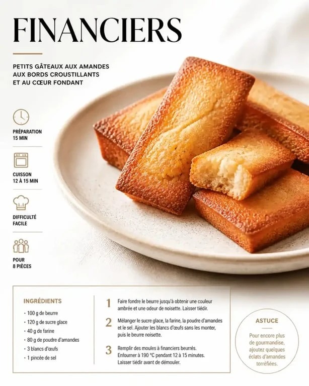 Financiers maison réalisés au Thermomix, petits gâteaux aux amandes dorés et fondants sur une assiette.